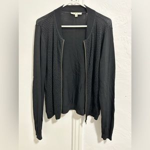 CAbi Zipper Cardigan with Lace Detail Front